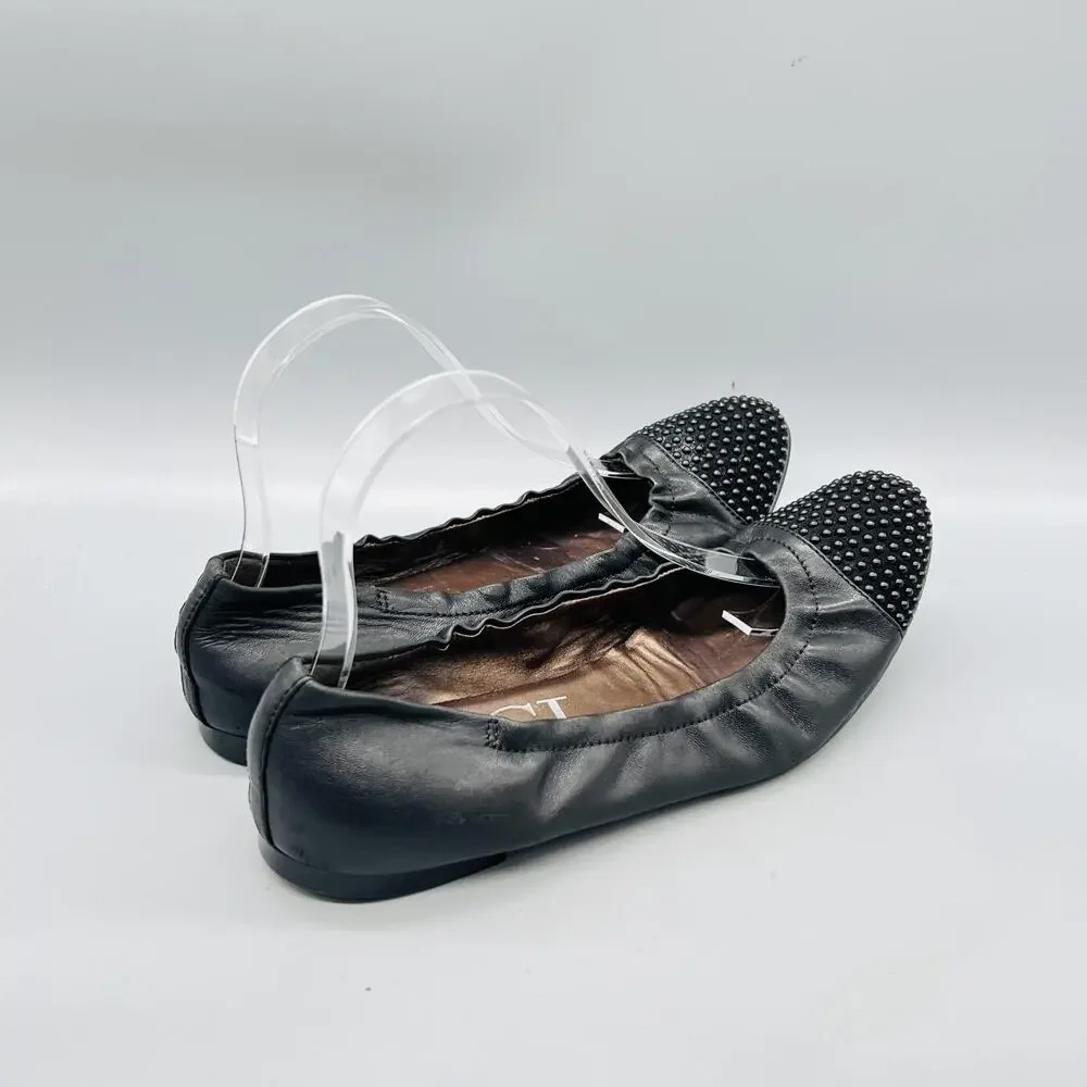 AGL Shoes Womens 9.5 Black Leather Studded Cap Toe Ballet Flats Slip On Comfort